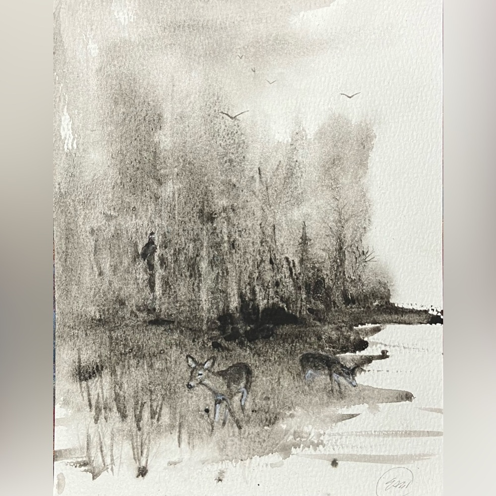 Original Watercolor Painting Deer Forest Landscape Art Bigfoot by Artettina USA